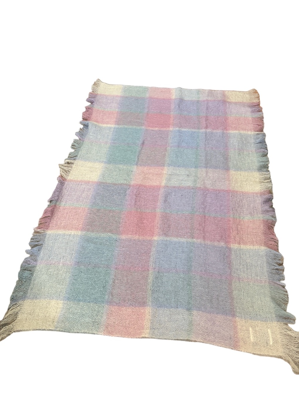 AVOCA Handweavers wool and mohair throw blanket. Pastel plaid lap blanket 54x38